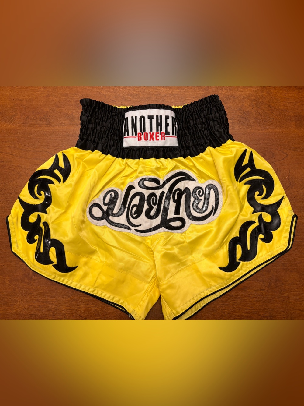 Another Boxer Muay Thai Kickboxing Shorts Yellow Black Satin Tribal Size M MMA